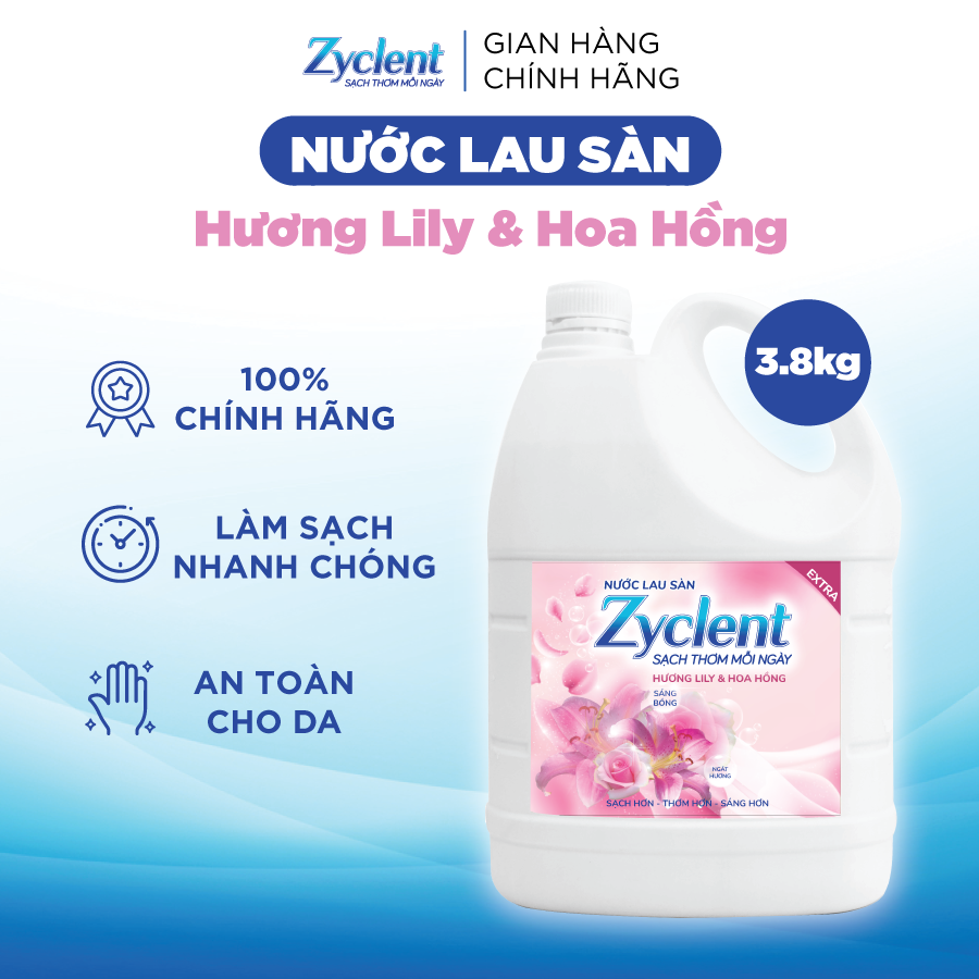 Thùng Nước Lau Sàn ZYCLENT EXTRA Hương Lily &amp; Hoa Hồng - (3.8KG x 4 CAN)