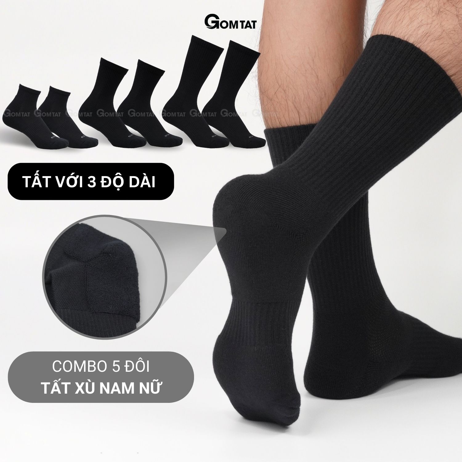 Combo 5 đôi tất đen nam nữ GOMTAT có đệm xù êm chân, sợi cotton dày dặn, khử mùi kháng khuẩn - NGAN-STA-5009-DEN-CB5