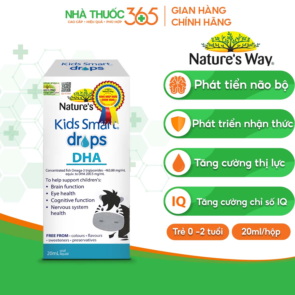 Combo 2 Lọ DHA Nature's Way Kids Smart Drops Dạng Giọt Giúp Tăng IQ, Phát Triển Não Bộ Cho Bé 20ml