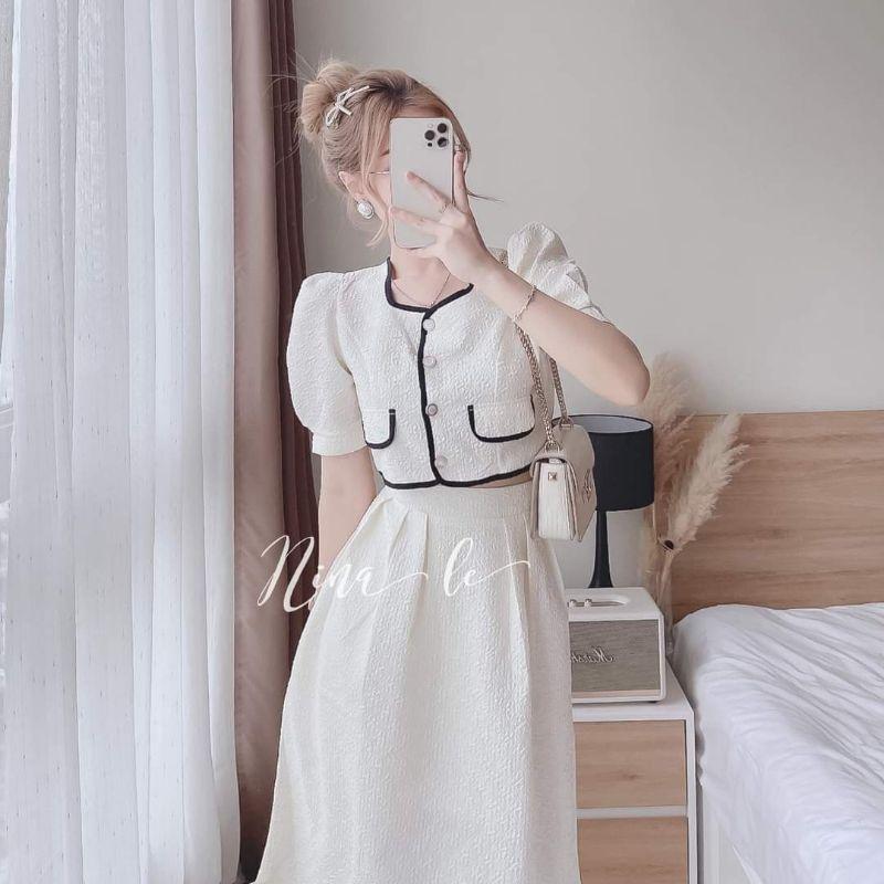 SET ÁO CROPTOP VIỀN XỐP VỚI CHÂN VÁY DÀI