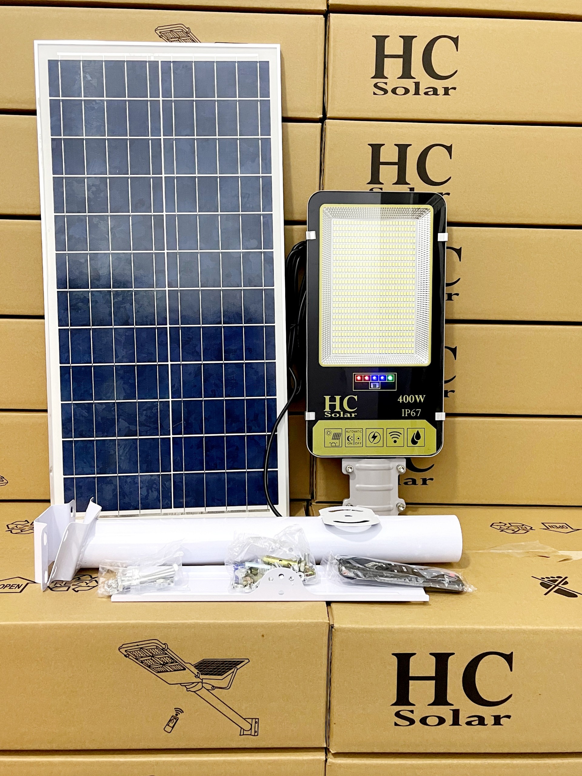 Đèn năng lượng mặt trời  bàn chải 400W, Vỏ nhôm, Tấm pin NLMT rời, Ánh sáng trắng, 400W HC cao cấp