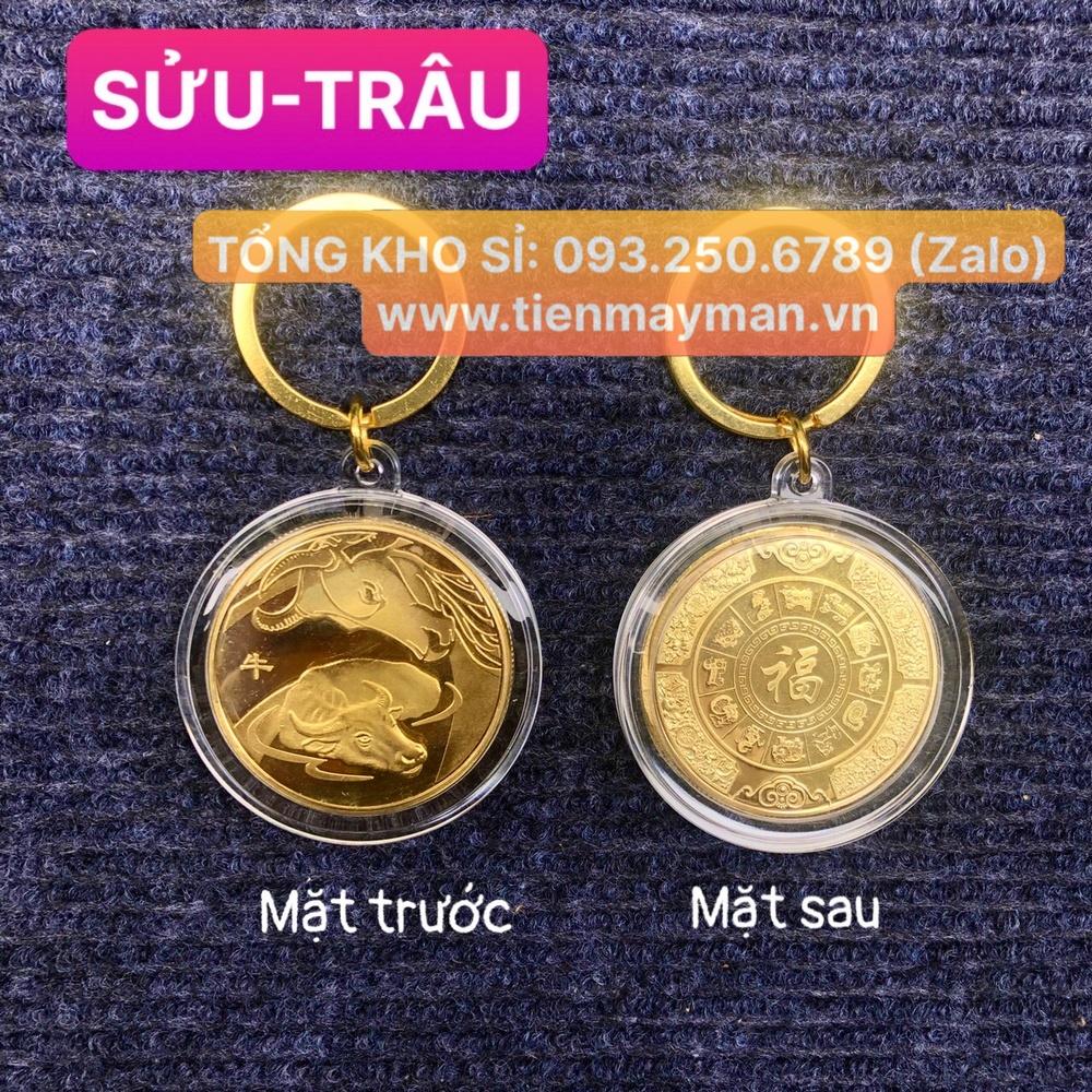 Móc Khóa 12 Con Giáp CON TRÂU - SỬU Đồng Xu Phong Thủy May Mắn - COBALA