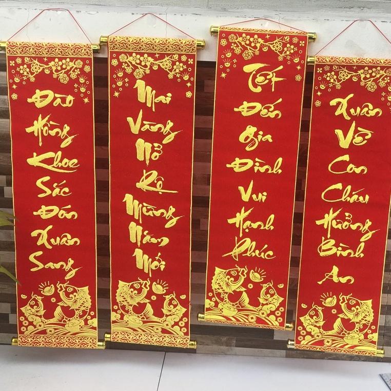 1 đôi câu đối đỏ, liễng trang trí tết in chữ Việt Nam làm từ vải nhung đẹp