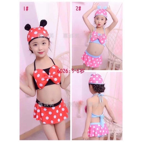 B2860 Set bikini 3 chi tiết cho bé gái gồm mũ, áo, quần váy