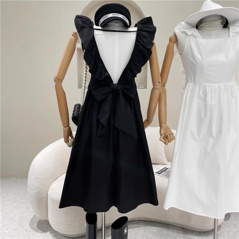 ĐẦM BÈO VAI NHÚN NƠ SAU KHOÉT LƯNG CỔ VUÔNG DÁNG XÒE-hình thật shop chụp
