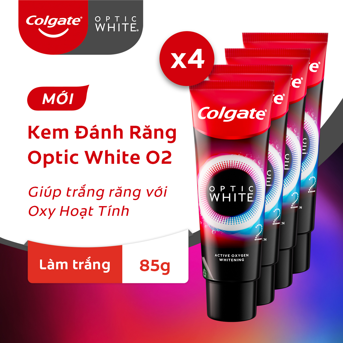 Bộ 4 Kem Đánh Răng Colgate Optic White O2 làm trắng răng đột phá với Oxy Hoạt Tính 85g/ tuýp