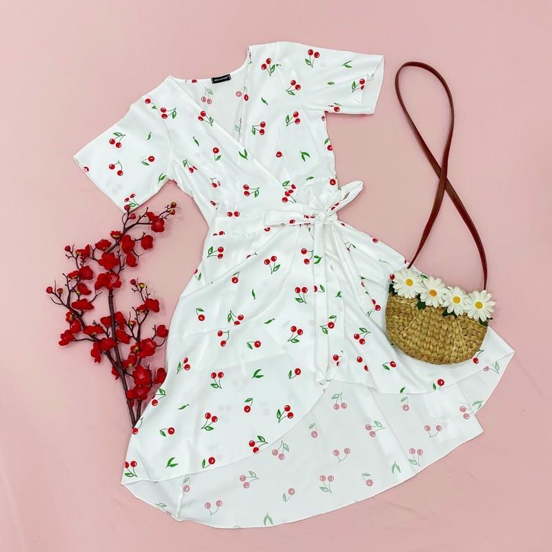 ĐẦM DÁNG XÒE ĐẦM DẠO PHỐ Đầm váy cherry đỏ đắp tà