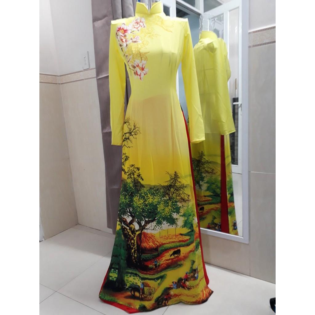Áo dài CAO CẤP may sẵn kèm quần- Vàng phong cảnh-nhiều size