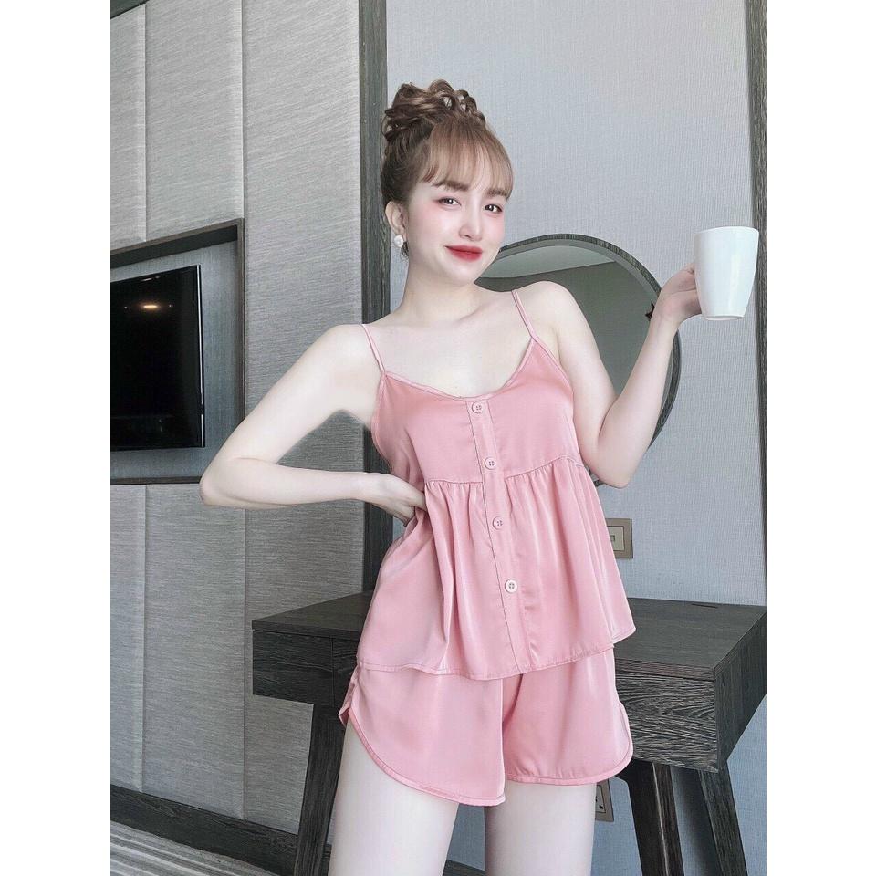 Đồ Ngủ Nữ, Bộ Sexy Lụa LATIN Cao Cấp, Kiểu Đồ 2 Dây Nhún Thân Quần Ngắn, Kiểu Dáng Rộng Rãi, Phom Xinh Dưới 55kg