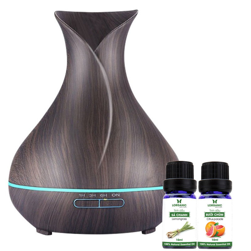Combo máy khuếch tán/ máy xông tinh dầu bình hoa màu nâu FX2020 + tinh dầu sả chanh + tinh dầu bưởi chùm Lorganic LGN0351