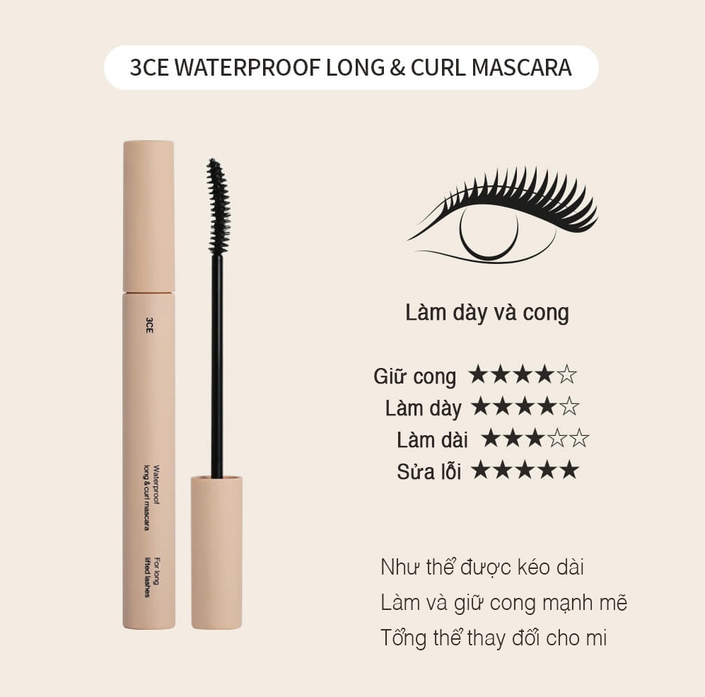 Mascara 3CE WATERPROOF LONG &amp; CURL MASCARA #BLACK Chống Lem, Duy Trì Độ Cong, Làm Dài Mi Trong Nhiều Giờ