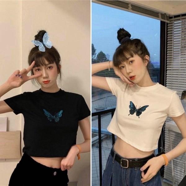Áo Croptop tay ngắn thêu hình bướm siêu xinh