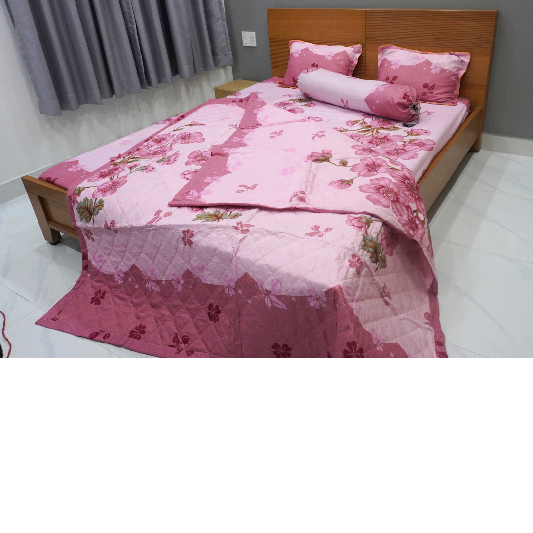 Bộ Drap Giường Có Chăn Hoa Xanh (bọc nệm dày tối đa 15 phân)