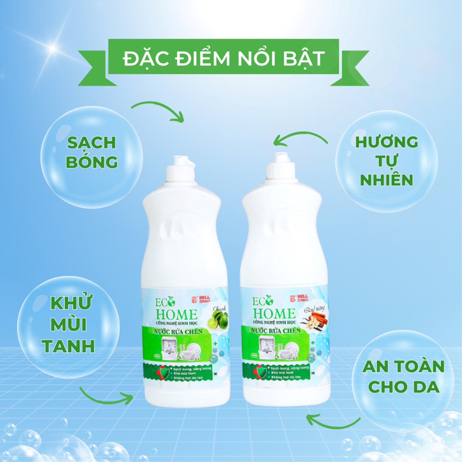 Nước Rửa Chén Công Nghệ Sinh Học ECOHOME 800g Chiết Xuất Chanh Quế Giúp Sạch Vi Khuẩn Bám Bẩn Trên Chén Đĩa