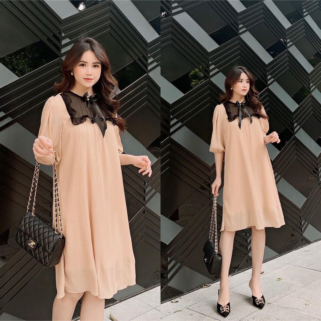 Váy suông xếp li phối cổ bèo đính nơ, dáng đầm xuông rộng freesize 2 màu, mã V938 - Michi's House