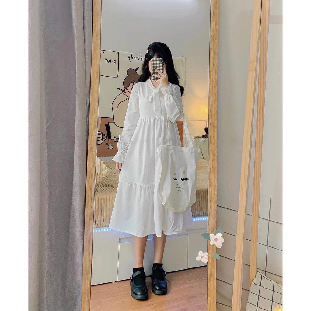 Đầm midi buộc nơ 3 tầng nữ - Váy tay dài viền bèo thiết kế nhẹ nhàng bánh bèo tiểu thư SIÊU HOT ! *