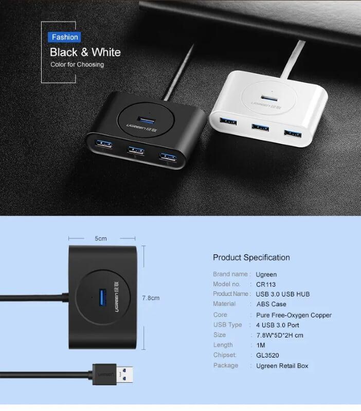 Ugreen UG20283CR113TK 1m màu Trắng Bộ chia HUB USB 3.0 sang 4 USB 3.0 hỗ trợ nguồn micro 5V cổng micro - HÀNG CHÍNH HÃNG