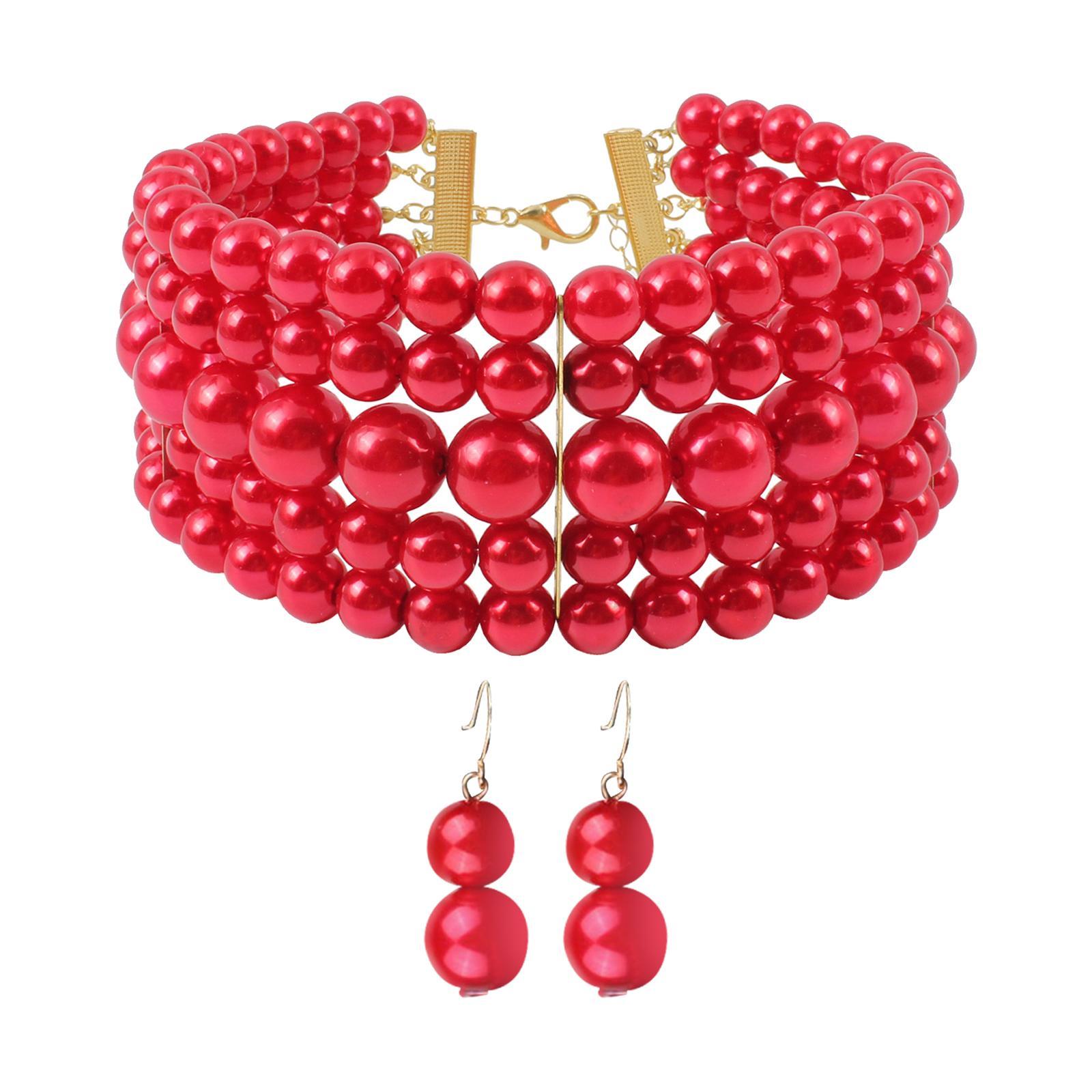 Fashion Pearl Choker Necklace and Earrings Set Round Imitation Pearl Multi Strands Costume Jewelry Set for Prom Bridal Gift Themed Party