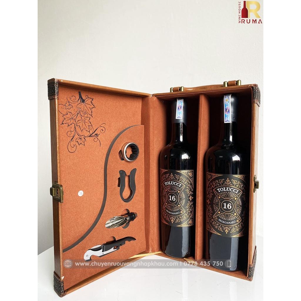 Set quà tặng rượu vang Ý Tolucci 16 - Hộp da PU hoạ tiết chùm nho cao cấp kèm phụ kiện