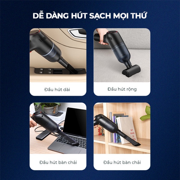 Máy Hút Bụi Không Dây Mini NEMI Lực Hút 12000 PA, Thiết Kế Cầm Tay, Tích Hợp 3 Đầu Hút Dùng Liên tục 45 Phút