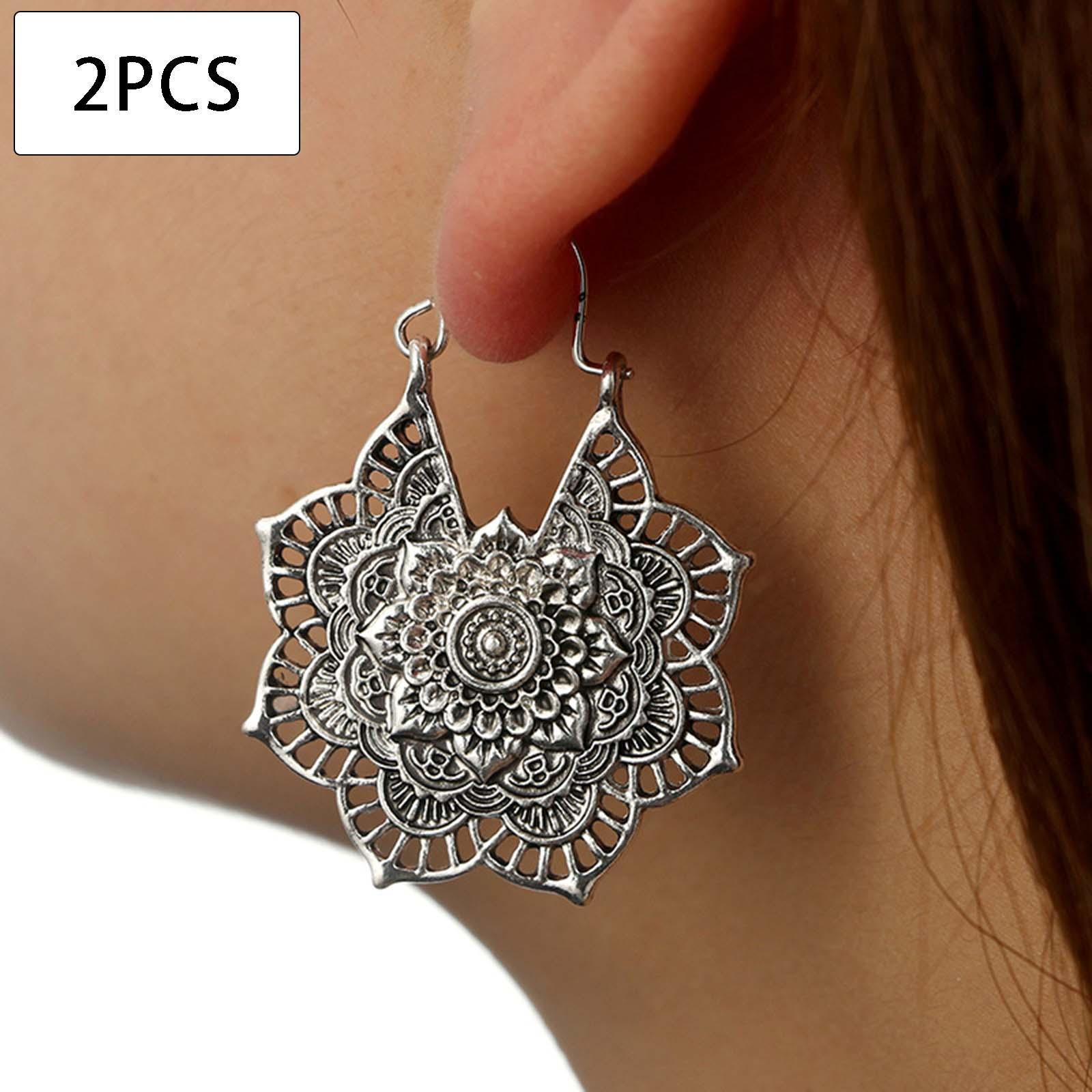 Women Ethnic Earrings Mandala Flower Retro Style Boho Tribal Ear Jewelry Gold