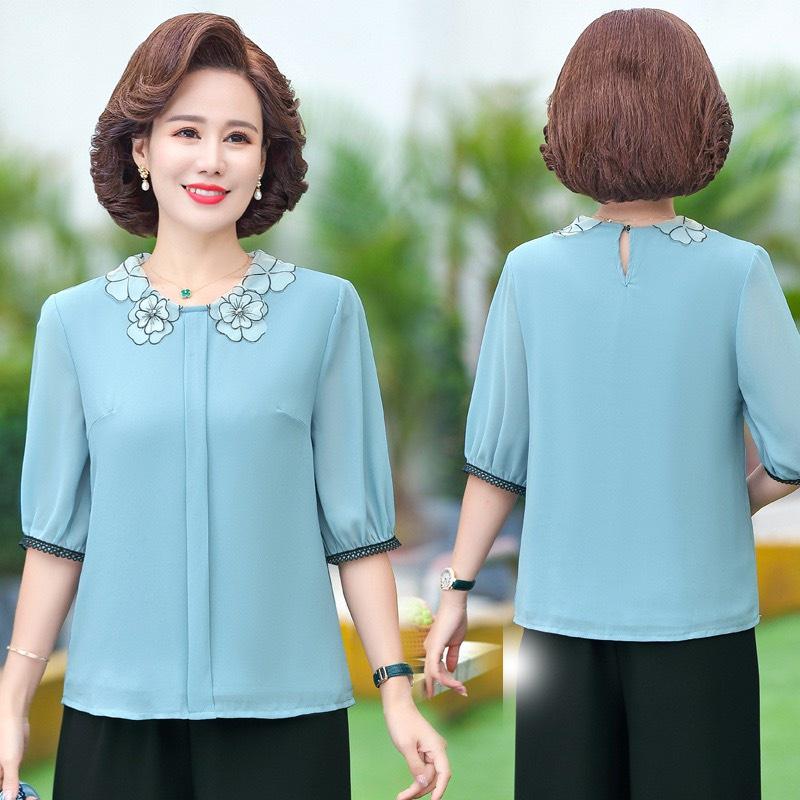 Áo trung niên tay lỡ, áo trung niên tay lỡ cổ hoa, chất liệu voan lụa mềm mại tôn dáng