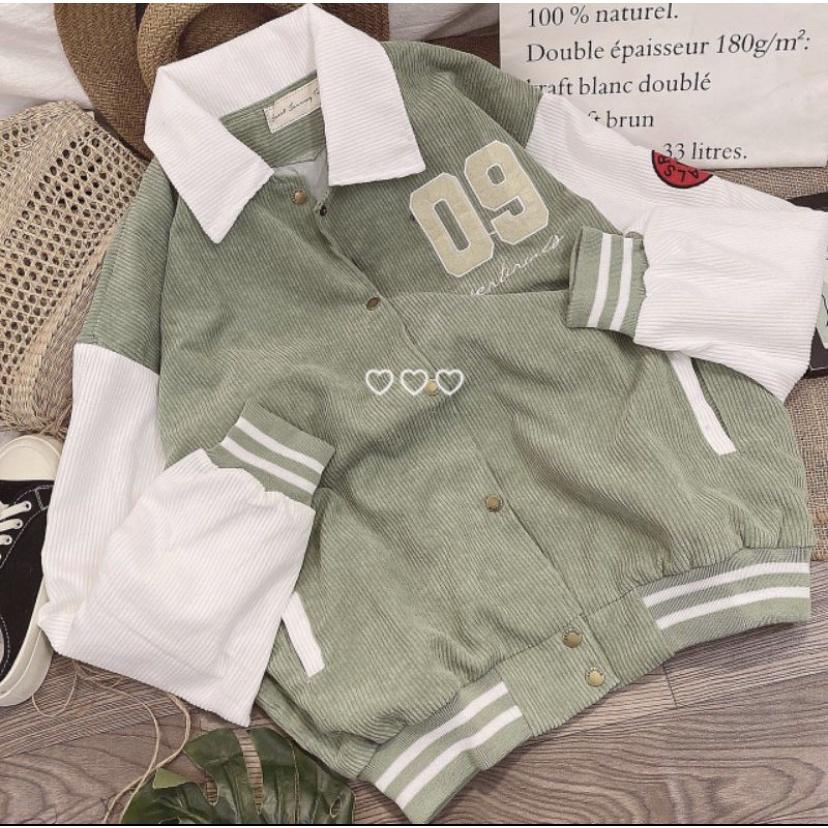 Áo Khoác Nhung Nữ Cổ Bẻ 2 Lớp Lót Dù Logo Thêu Số 09 Kiểu BOMBER Độc Lạ Hot Trend Mới