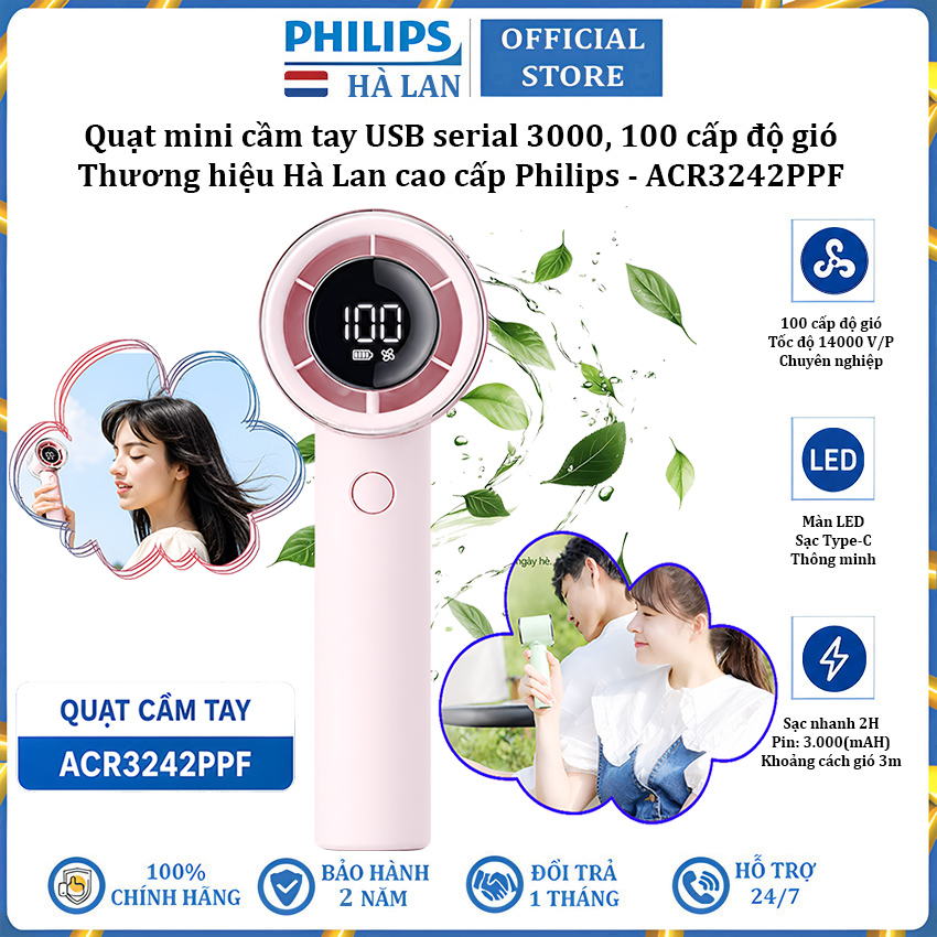 Quạt mini cầm tay USB thương hiệu Hà Lan cao cấp Philips ACR3242PPF serial 3000, 100 cấp độ gió, pin 3000mAH - Hàng nhập khẩu