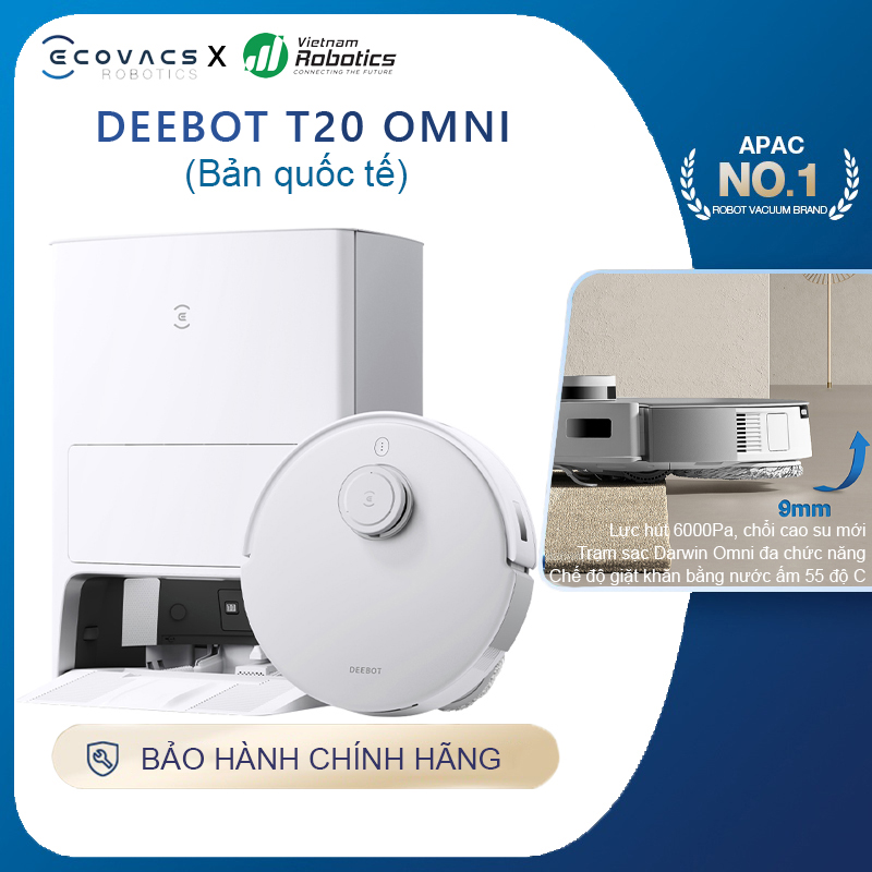 Robot hút bụi lau nhà Ecovacs Deebot T20 Omni - Trắng/bạc Bản Quốc tế - App Tiếng Việt, hàng nhập khẩu chính hãng full VAT, bảo hành chính hãng 24 tháng bởi Vietnam Robotics, lực hút 4300Pa, thời gian hoạt động 260 phút liên tục