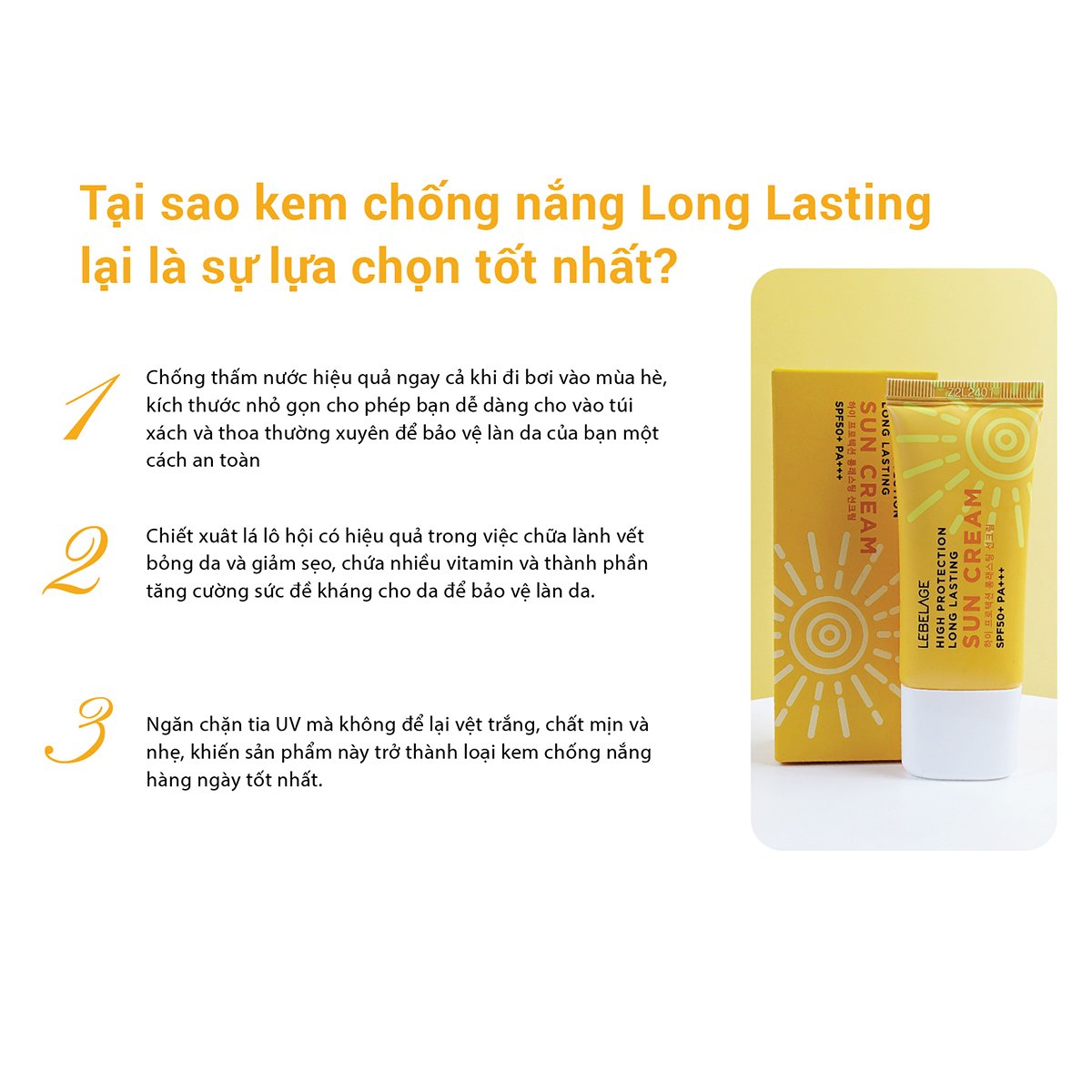 Kem Chống Nắng Chống Thấm Nước Lebelage SPF50+ Pa+++ High Protection Long Lasting Sun Cream Chiết Xuất Lá Lô Hội 30ml