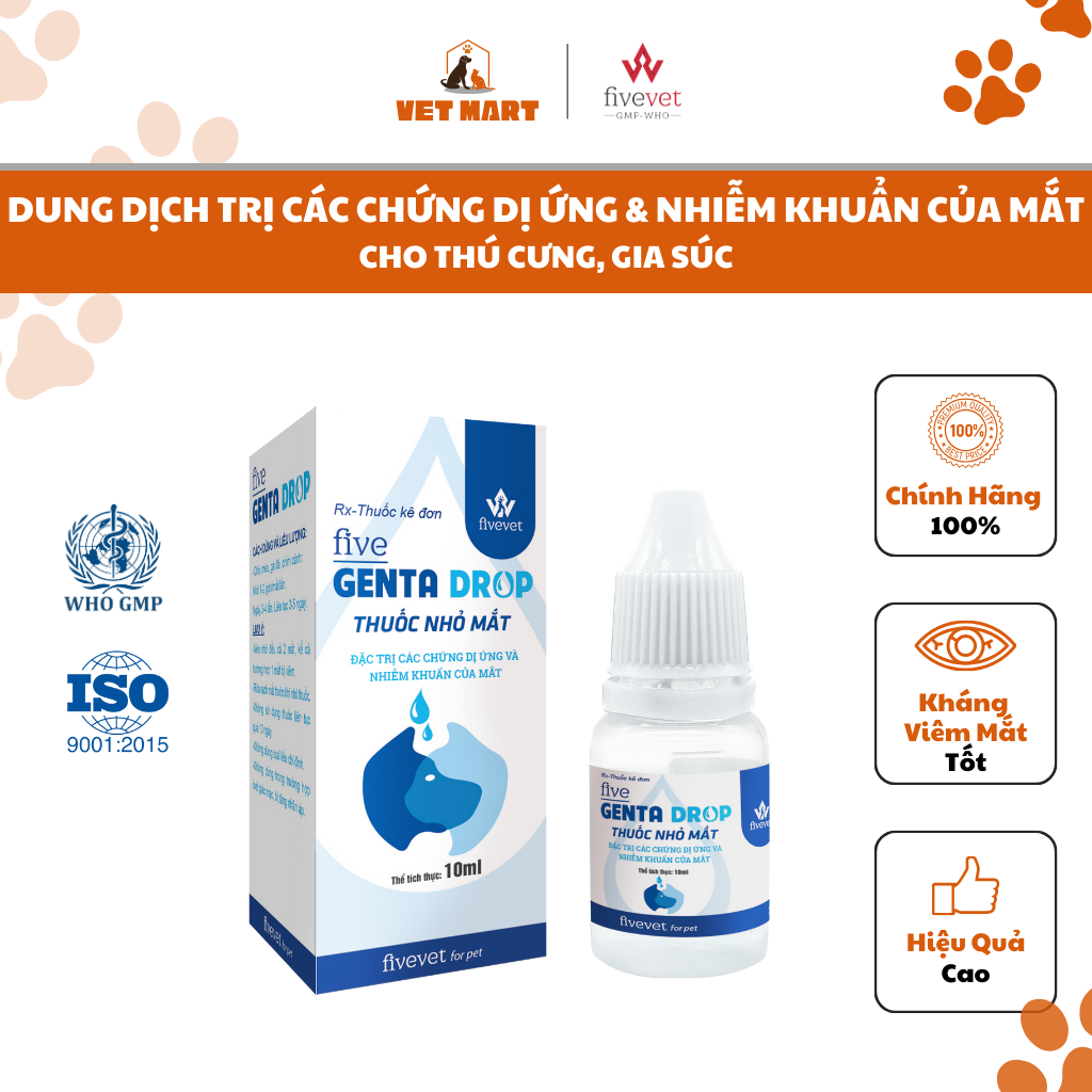 Thuốc Nhỏ Mắt Five Genta Drop 10ml Hỗ Trợ Các Chứng Dị Ứng Và Nhiễm Khuẩn Mắt Cho Thú Cưng - Fivevet