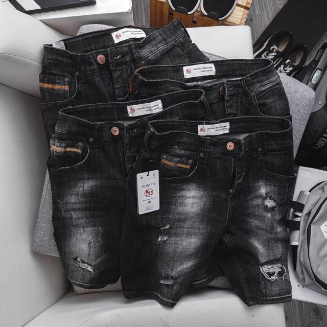 Quần short jean nam màu đen wash thời trang