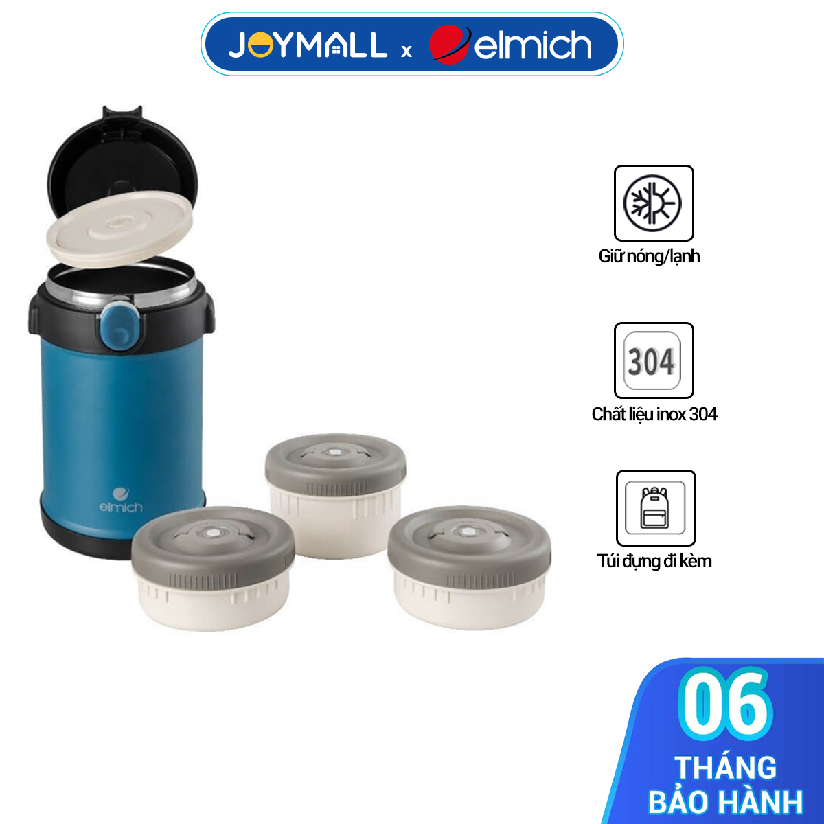 Hộp cơm giữ nhiệt inox 304 Elmich EL8303 2L, Hàng chính hãng, gồm 3 hộp, có túi đựng - JoyMall