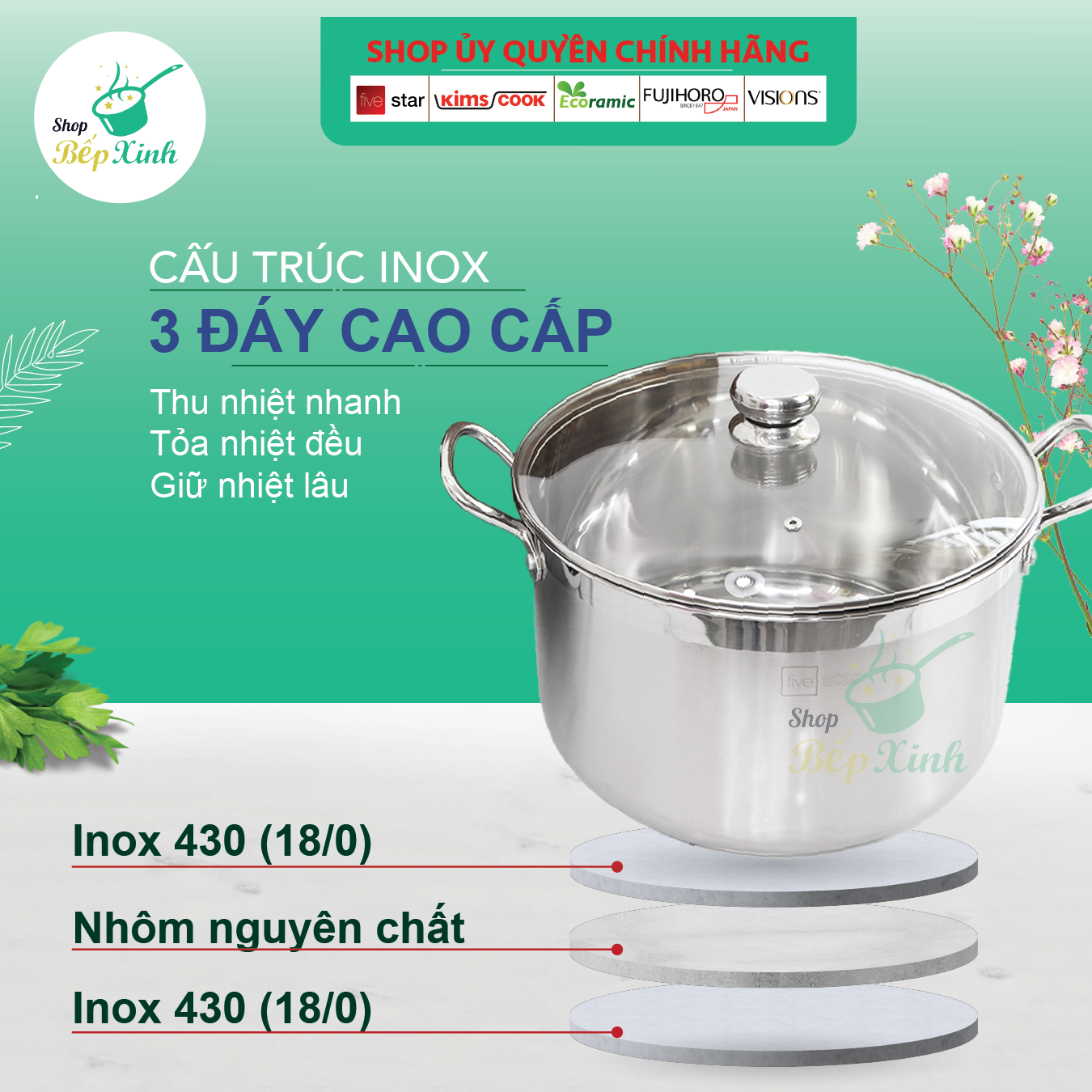 Nồi Inox 430 Bếp Từ 3 Đáy Fivestar Nắp Kính 30 cm - tặng 1 vá canh