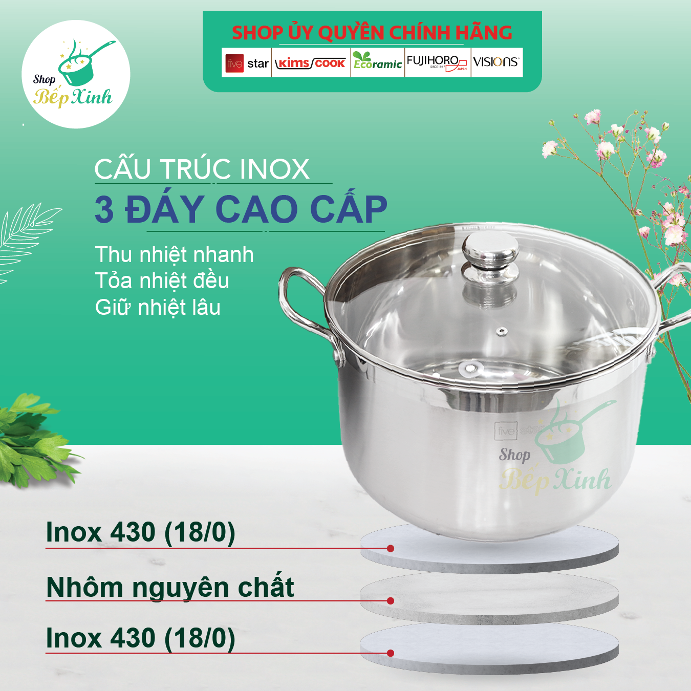 Nồi Inox 3 Đáy Nắp Kính Fivestar N28-3DG - Hàng Chính Hãng