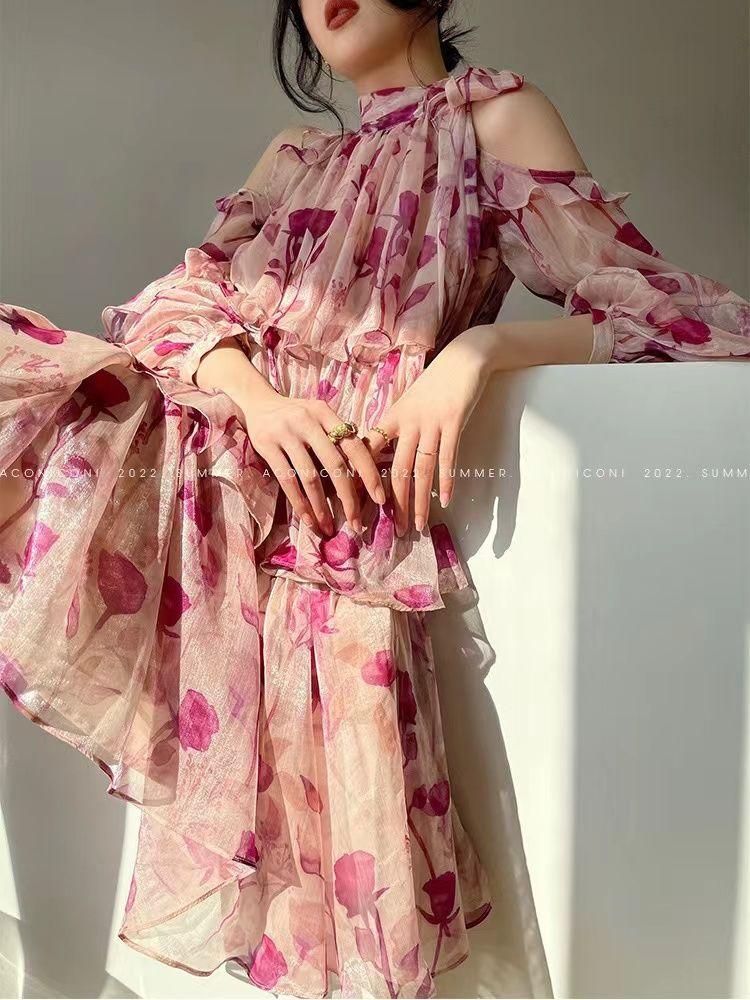 CHENGRUI 2023 Mùa hè Pháp Tea Break Dress hoa ngọt ngào nghỉ mát gió đèn lồng tay áo đầm cổ tích nhỏ