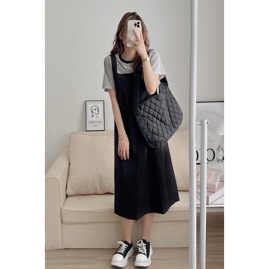 Set yếm kaki kèm áo thun sọc ulzzang hàn quốc