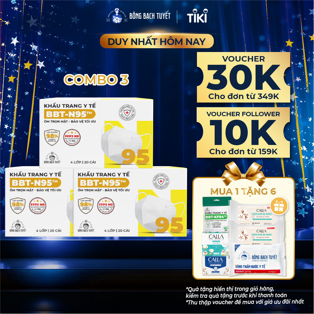 Combo 3 Hộp Khẩu Trang Bông Bạch Tuyết N95 - Trắng