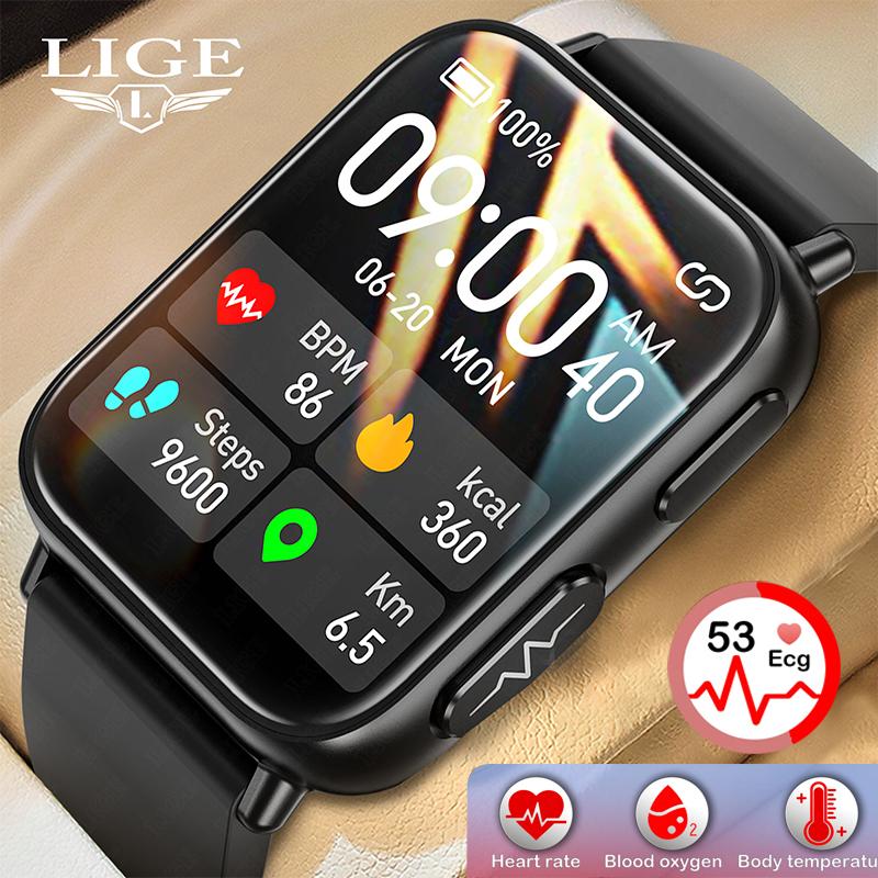 Lige không xâm lấn đường huyết thông minh đồng hồ nam ECG Nhiệt kế nhịp tim Nhiệt kế máy đo nhiệt kế 1.91 inch HD thể thao không thấm nước smartwatch