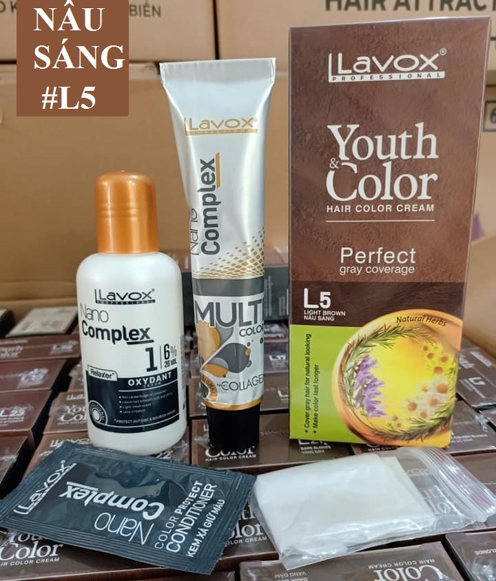 Nâu Cà Phê(Nâu Sáng L5) - Kem Nhuộm Dưỡng Tóc Phủ Bạc Lavox Youth&amp;Color L5 - Màu Nâu Cà Phê (Mẫu Cũ Nâu Sáng)