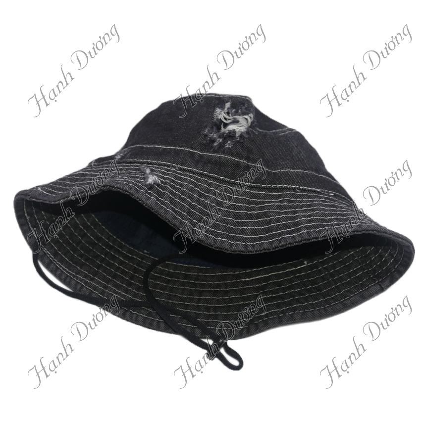 Nón bucket jean rách bụi cá tính không thêu, có quai nón