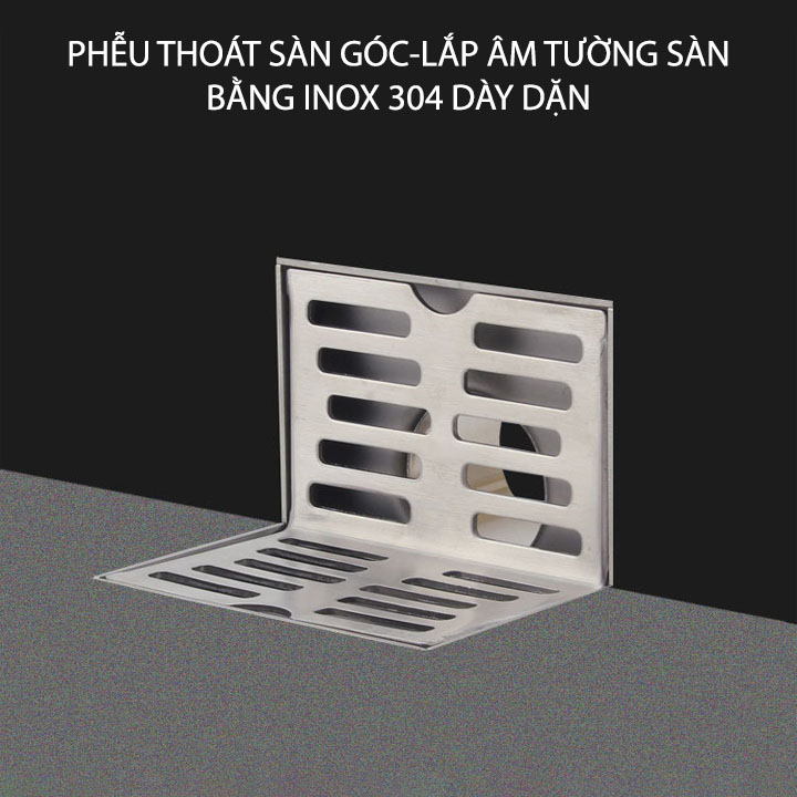 Phễu thoát sàn góc bằng inox 304 dày dặn, loại 12cm lệch hoặc cân tùy chọn (D60mm lắp cho ống D75mm)