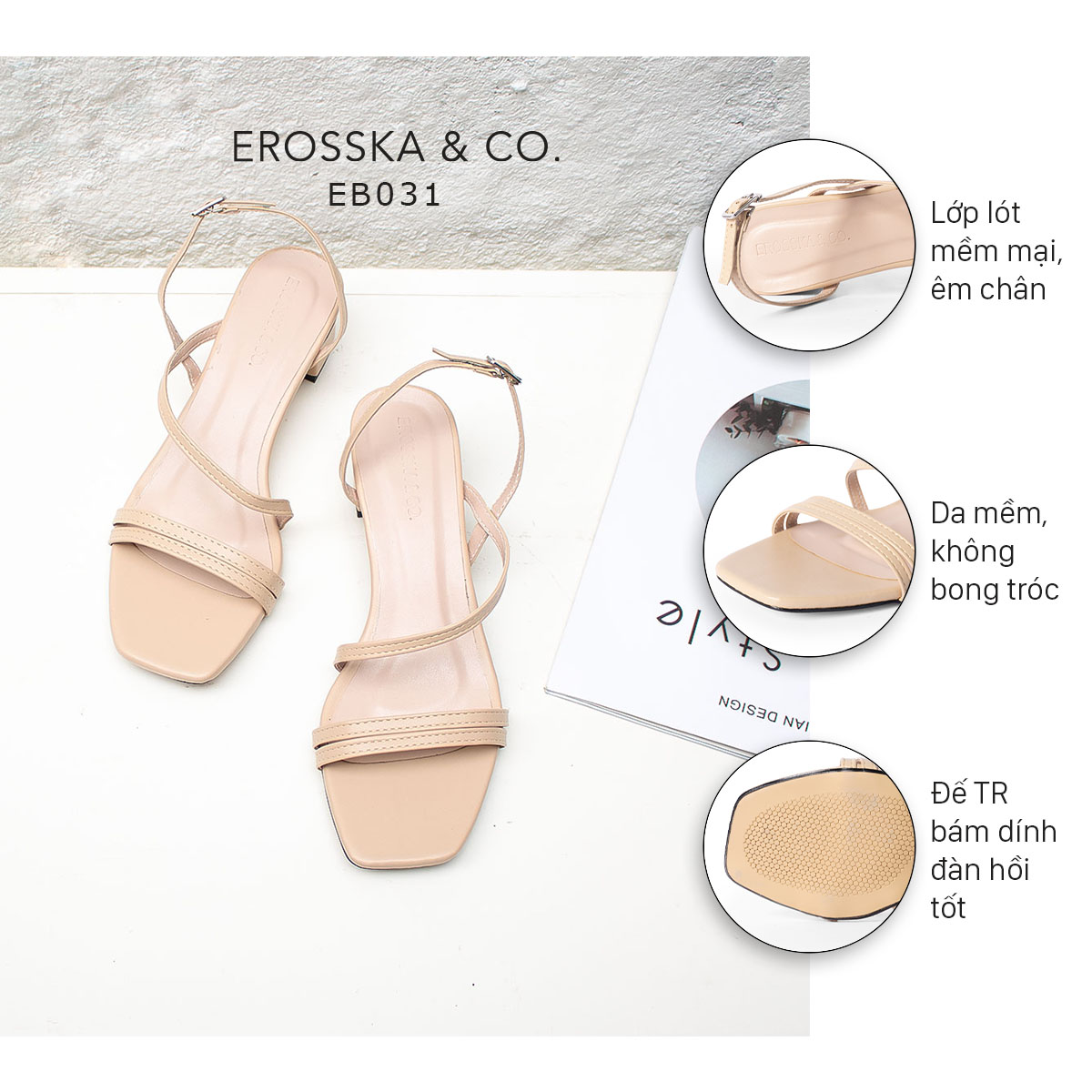 Giày sandal cao gót Erosska thời trang mũi vuông quai ngang phối dây mảnh cao 3cm EB031