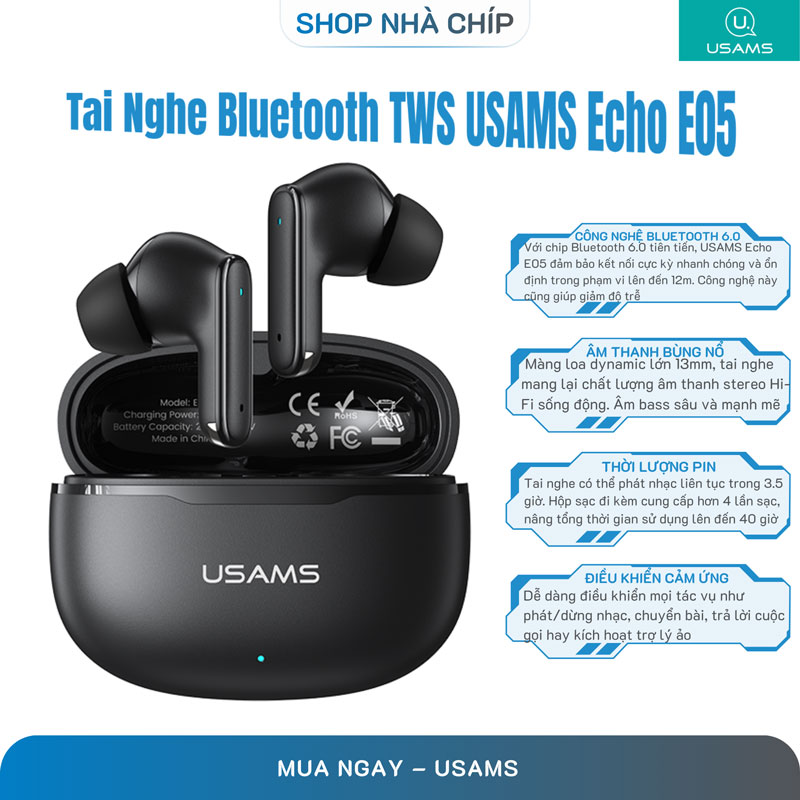 Tai Nghe Bluetooth TWS USAMS Echo E05 Bluetooth v6.0 - Hàng Chính Hãng
