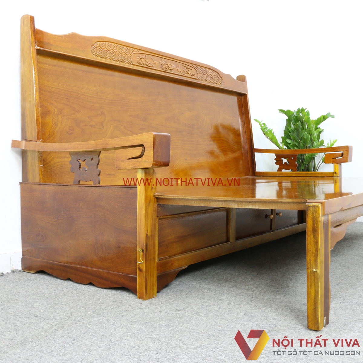 Ghế Trường Kỷ Kéo Ra Thành Giường Gỗ Xoan Đào Chạm Phúc Lộc Thọ -  200cm x 70cm x 116cm (dài x rộng x cao) / Mở ra thành giường: 185cm x 140cm x 116cm(dài x rộng x cao)