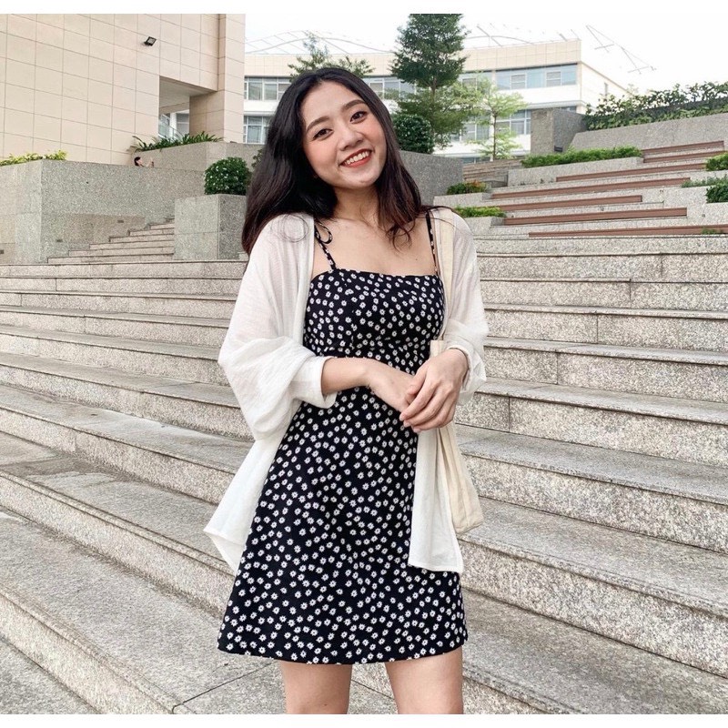 ĐẦM ĐEN HOA FLORAL HAI DÂY SUÔNG CỔ U ĐI BIỂN DẠO PHỐ DỰ TIỆC