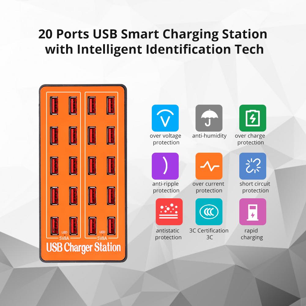 Bộ chuyển đổi sạc tường USB 20 cổng 100W với công nghệ tự động phát hiện