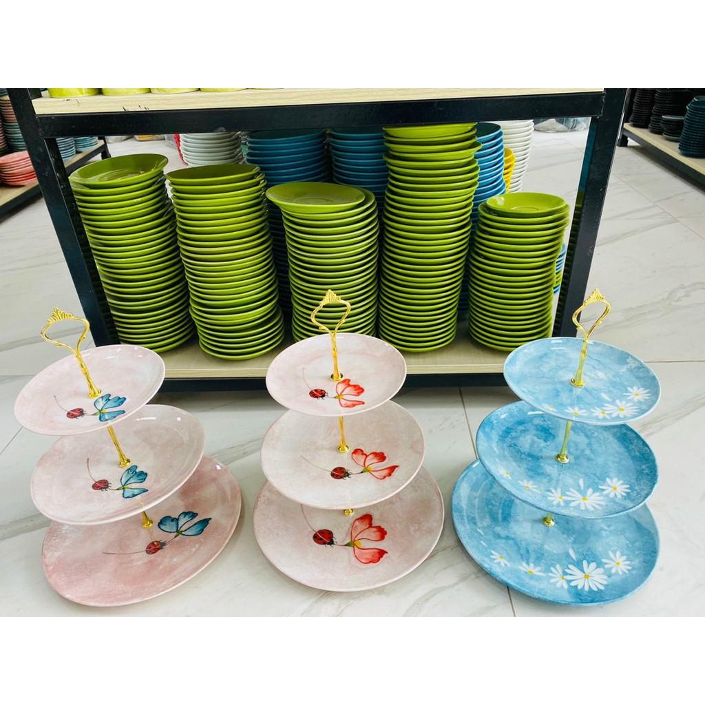Đĩa gốm sứ 3 tầng men đá họa tiết