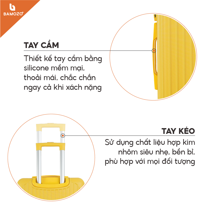 Vali du lịch BAMOZO 8801 MÀU VÀNG size 20/24, vali kéo nhựa được bảo hành 5 năm.