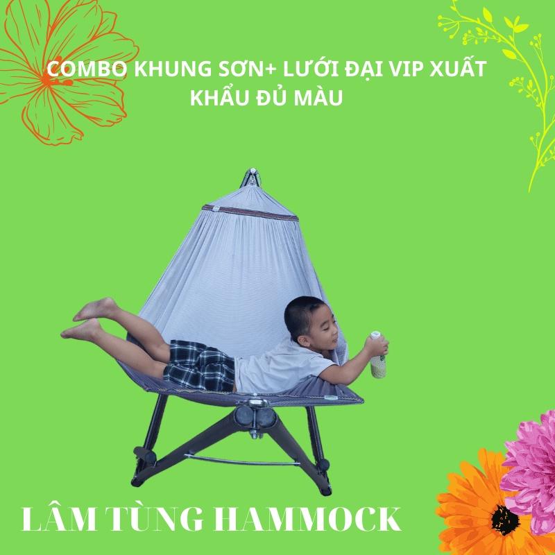 Combo khung võng xếp+lưới võng, khung sơn tĩnh điện màu đen, ống lớn phi 32 , Lưới võng đại vip xuất khẩu cán thép 60cm